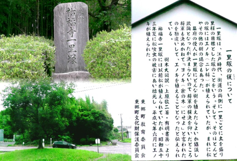 裕福寺一里塚碑。左下は街道を挟んで南北の一里塚。