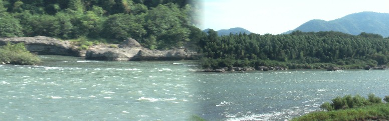 祐泉寺前の堤防から対岸の「大井戸の渡し」を見る。可児市側は船着場付近が林で 見れませんが太田側でははっきり見ることが出来ます（左）。