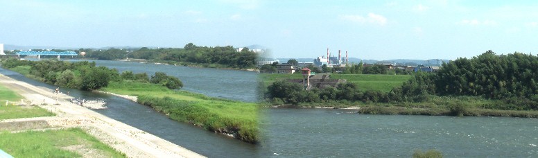 祐泉寺対岸で江戸時代初期～中ごろまで使用された「大井戸の渡し」跡から左は太田橋方面、右対岸。 関連：大井戸の渡し