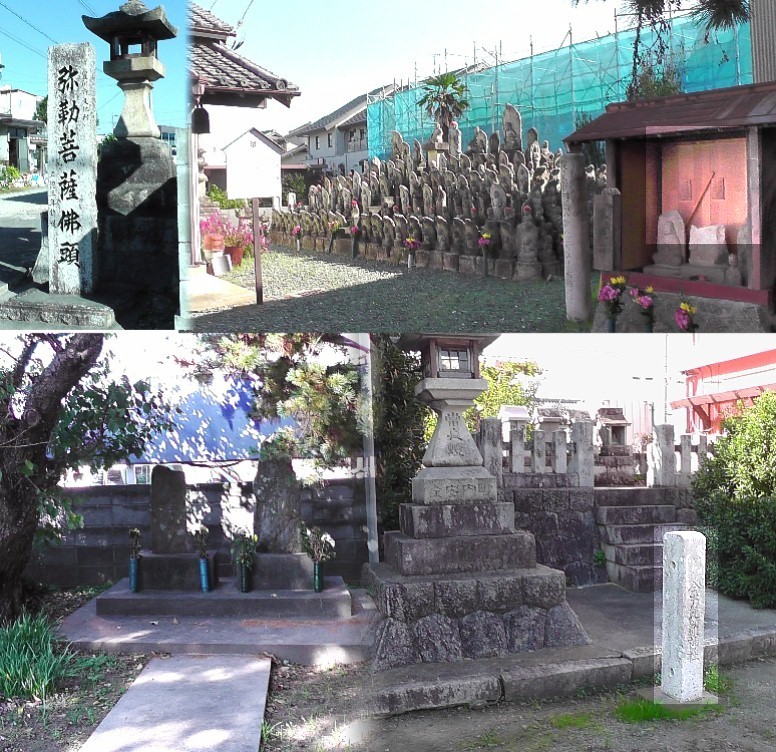 善光庵の同一地内に建つ金刀比羅神社（下右）、石碑（下左２基）、石仏像群とけさかけ地蔵尊（上右）