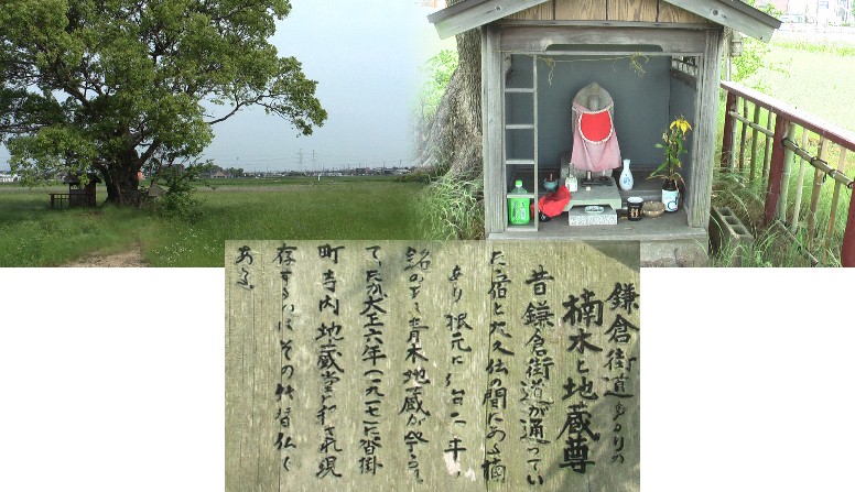 市消防本部東、水田の大きな楠木の下（左写真）。 リンク：尾張・沓掛村砦 青木地蔵