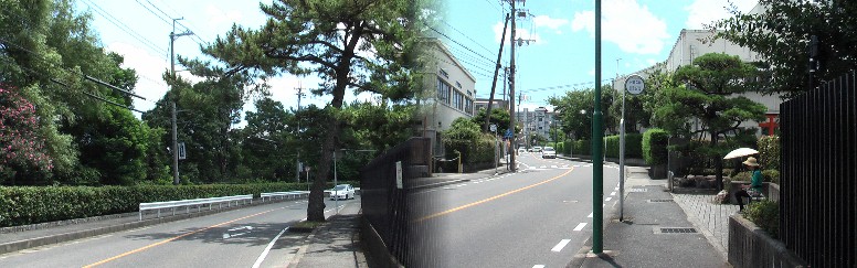 粟津一里塚跡があったとされるここ晴嵐2丁目付近は大企業、公園、中学校などの生垣ばかりで 何の標識も見つかりませんが松の木などが3箇所で見られる程度。 粟津一里塚推定場所