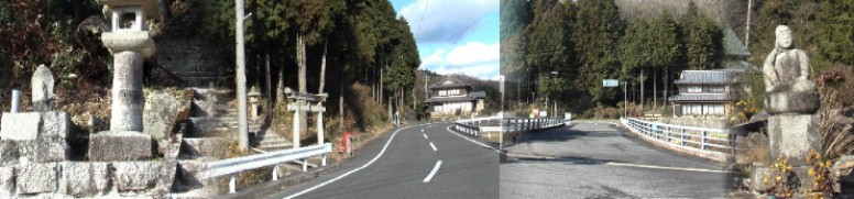 境橋手前の馬頭観音と妙見宮（左）。境橋たもとの観音像（右、恵那市）。 境橋たもとの観音像