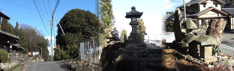 土岐川沿いの県道から左の坂を上がった桜の木立場跡（案内、標識が見当たらない）があった 付近の街道（左）。付近の馬頭観音、常夜灯（中）。緋桜の歌碑と思われますが碑文が判読で きませんでした（右）。 桜の木立場跡