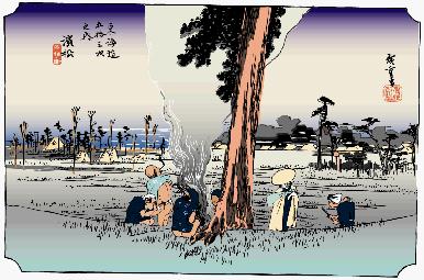 東海道五十三次、浜松宿1部 広重、浜松、冬枯の図 浜松市天竜川右岸堤防(六所神社横)から見付宿(磐田市)対岸方面を見る。 天竜川橋信号約200メートル下流の六所神社(バックの写真)前を下ると旧東海道の案内がある。 旧東海道を西へ西へと歩き続