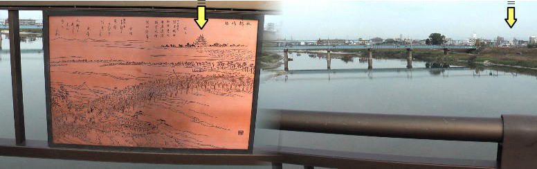 左は枇杷島橋の風景を銅刻板にして欄干に取り付けられたもの。右は銅刻板の 位置から名古屋城方面を撮る(黄の矢印)。
