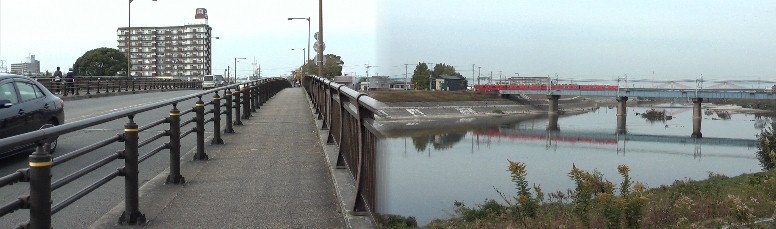 改修前の橋のほぼ中央から名鉄線橋梁の中央部まで細長い島でした。(下記写真参照)