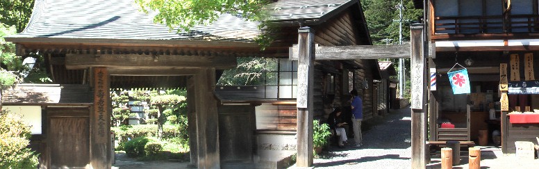大宝寺(左)と冠木門の入り口（マリア地蔵）。境内には地元の藪から発見された地蔵様を 「マリア地蔵」と名付けて祀られています。