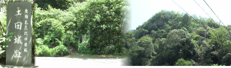 大脇公民館前にある石碑と背後の山頂を撮る。 土田城跡