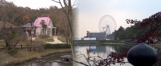 左はさつきとメイの家、右は日本庭園付近から見る愛知県館跡地と池