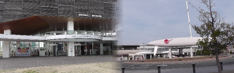 「生命の海」科学館（左）。jr蒲郡駅南口前（右）、白いヨットの船体とマストが鮮やか。