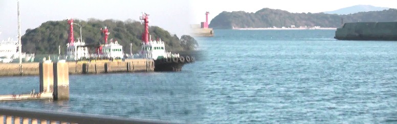 蒲郡市博物館から撮った蒲郡港竹島埠頭と竹島（左）。右は蒲郡港と沖の三河大島。 蒲郡市４回目の訪問はここで終わります。