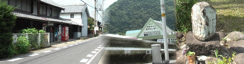 はねばし東の街道（左）。中は日本ライン花木センター。道角にある石仏像（右）。 リンク：花木センター（中）