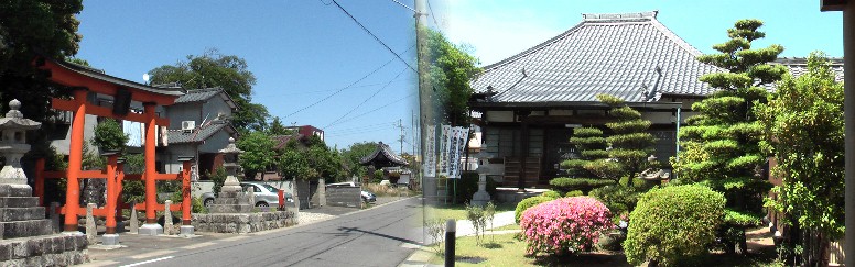 左：八幡社・妙楽寺は南外山城があったといわれます。右はすぐ北の薬師寺。