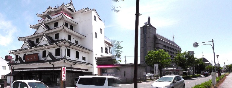 碧南市役所（右）。と同じ通りの一段と目立つ「両口屋・三州碧城（みどりじょう）」 の建物。名古屋の有名菓子店とは全く関係ないそうです（左）。