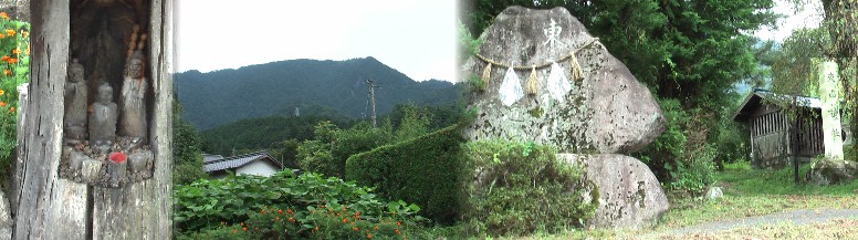 等覚寺隣の三留野地区の鎮守様・東山神社（右）。下記の園原先生はこの神社の神主も勤められ ました。途中に木製の丸い柱に彫られた手の中に入りそうなごく小さな木像（左端）と付近の風 景（中）。