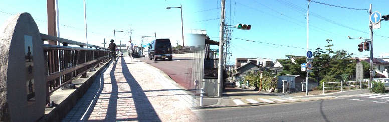 、 左は現平田橋南詰め。右は橋から見る平田の家並み、この警官殉職碑（当時から少し移転）の あたりにｋ君の立派な邸宅があった。坂を下ると自営していたとき世話になったiさん（死亡）、 同級のi君（死亡）の表札があって懐かしさがこみ上げてきました
