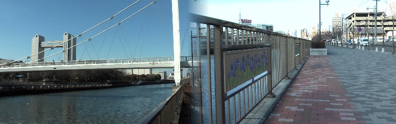 熱田神宮公園下の堀川東岸の遊歩道（右）、熱田記念橋（左）から上流方面を撮る。