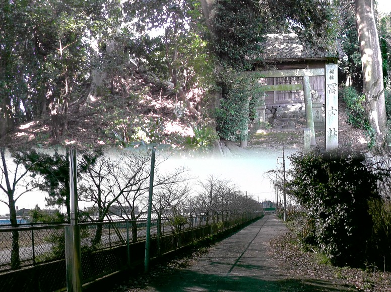 富士社。社殿後ろの祠が築山古墳の墳丘です（上写真左）。下は富士社前から西方を撮る。 水路の左側に沿い清洲街道であま市と境界です。 富士社