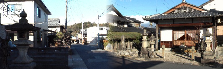 福寿寺、妙見宮（右）。常夜灯のある町並み（左）。