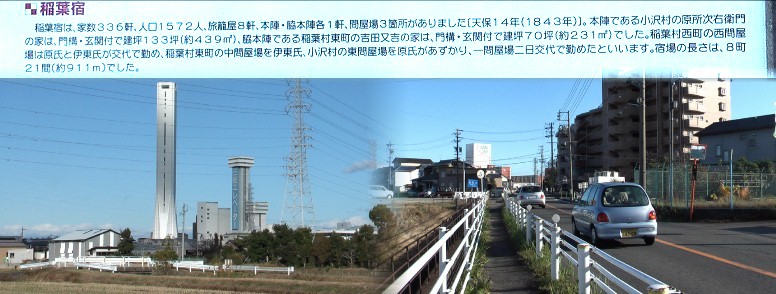 美濃路が福田川を越す付近の街道の風景。左は三菱電機の建物群。