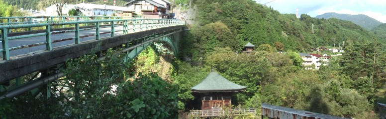 伊奈川橋（左）と付近の風景。下は岩出観音堂。江戸末期の浮世絵師：渓斎 英泉の 浮世絵「野尻伊奈川橋遠景」はこの付近を描いたと云われます。下は岩出観音 伊奈川橋