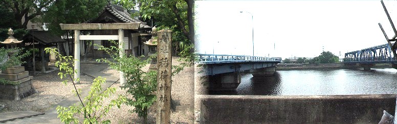 北柴田新田は、天白川を挟んで向かいの南柴田新田とともに、宝暦6年(1756)に名古屋・ 納屋町の柴田屋新兵衛が開拓しました。（南区役所説明文引用）。右は稲荷神社前から 天白川に架かる千鳥橋（左国道247号）と名鉄常滑線鉄橋を撮る。