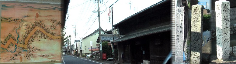 写真右:線路渡るとすぐ右角に道標、右折の谷汲街道と分岐します。「左北方谷汲ニ至ル」 「右岐阜加納ニ至ル」と彫られています。中は美江寺一里塚跡付近の街並み。左は見江神社 付近の絵図。