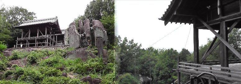 左：熊野社と五枚岩。右：熊野社の神楽殿から長久手・小牧方面を望む。