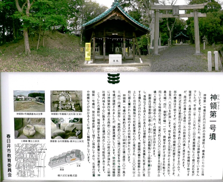 神領第１号墳。写真上右２点三明神社。左：社殿横の小さな丘（三明神社古墳・推定）。 神領第１号墳