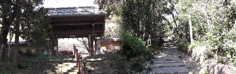 右は県道から定光寺へ行く１６５段の石段道。石段を登り詰めると、左の山門、応夢山 定光寺の入口になります 定光寺