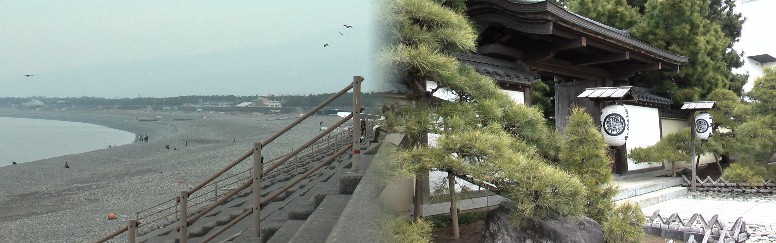 左:千本浜、天気の良い日は富士山の眺めが素晴らしいと言われる。晴天予報を選んで出かけたのに残念 右:乗運寺には若山牧水の墓があります。