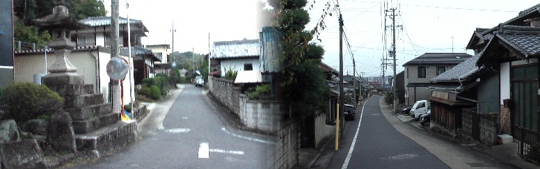 池田・常夜灯(左)と付近の街道(多治見駅方面、右)。池田町屋郷土資料館ガイドに よりますと旅籠:6軒、茶屋3軒、米屋:5軒、陶器関係:5軒などありました。 池田・常夜灯