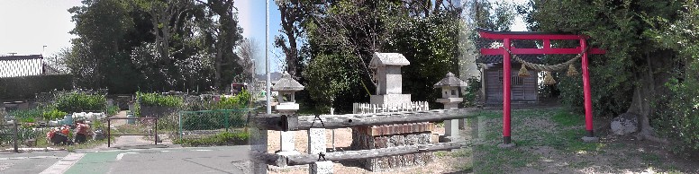 弘法堂北一帯は蒲形城主・竹谷松平家の陣屋があったとされます （左端、地元の話）。 右２枚は同陣屋敷地内にある赤鳥居と祠と思われます。