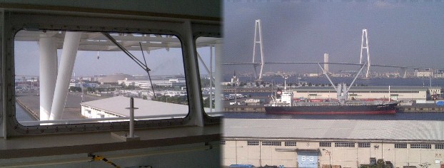 地球深部探査船「ちきゅう」ブリッジから見る金城ふ頭（左写真）と名港トリトン中央大橋