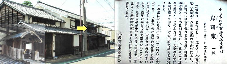 岸田家。脇本陣を勤められた。左下は屋根神様、黄色矢印。