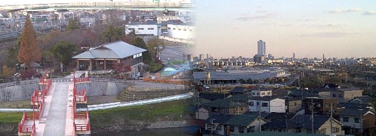 清洲城（織田信長の居城）上小田井駅から西へ約３キロ余り,五条川を挟んで 東側に新しい清洲城（写真左）、西側に清洲城跡(写真右)があります。
