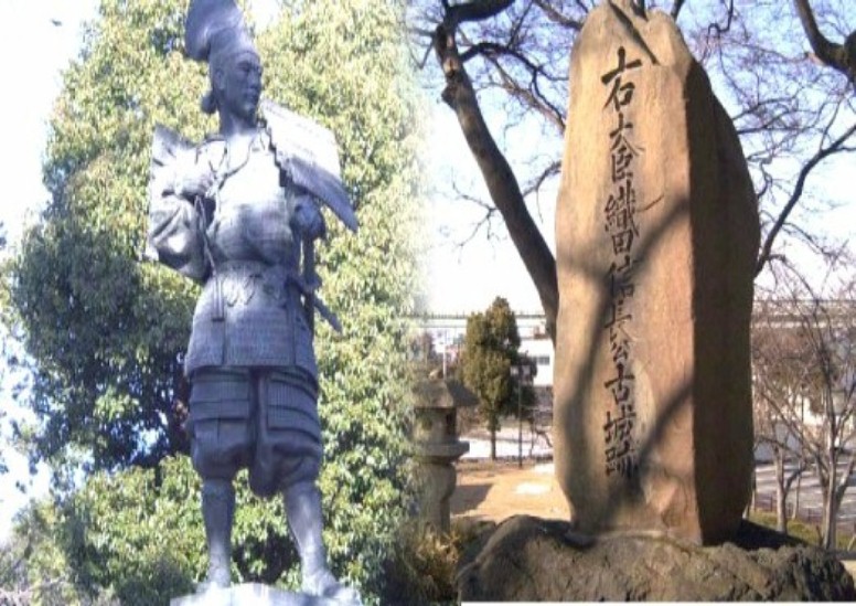 右は清州城跡、左は信長の銅像（清州城公園内）