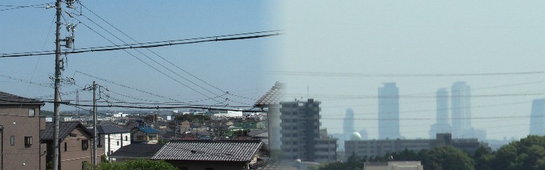 久保山の熊野神社から見る長久手古戦場方面(左)とjr名古屋駅方面。小牧・長久手の 戦いで秀吉は岩崎山(西約700~800m)とこの久保山に砦を作った。合戦後秀 吉自ら久保山砦に来て、全軍を指揮、一名太閤山とも呼ばれています。