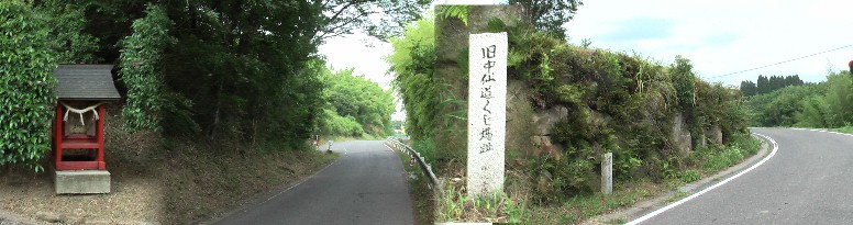 街道沿いの津島神社（左）。旧中山道くじ場址（右：宿場の旅籠が何軒も有って、旅籠に 客がかたよらないように、泊まる旅籠をくじで決めたんだそうです。大黒屋の話）。