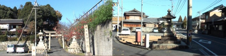 熊野神社（左）。熊野神社へ行く常夜灯（右）を左の道へ行く。 由緒拡大 熊野神社へ行く常夜灯