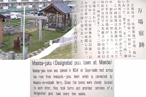 岩塚宿から対岸（庄内川）の万場宿までの 万場の渡し跡です。この両宿場は近距離にあったため制度上一つの宿場と みなされ、月の上半月を万場宿が、下半月が岩塚宿が交代で人馬擁立の 役務を行った。左端に常夜灯が見える。16年4月24日写す