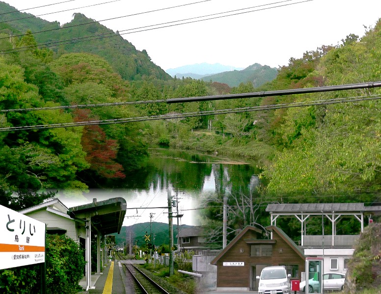 駅前の宇連川に架かる大野橋(3代目)から見る宇連川上流の風景(上)。下はjr鳥居駅(左) 右は三河大野駅。