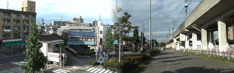 名鉄中小田井駅西側駅前、当時は平面駅で2両連結の車両が乗降できる小さな対面式ホームでした。 ホームから見る西側は見渡す限り水田で新川堤防がよく見えました。現在のホームから西を写す。