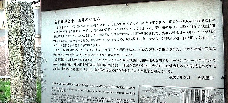 名鉄中小田井駅前の説明板と岩倉街道の道標。南面には右：小牧・善光寺（長野）道と彫られています。