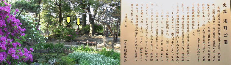史跡：浅野公園内ねねの歌碑とねねの水。黄色の矢印。 史跡：浅野公園