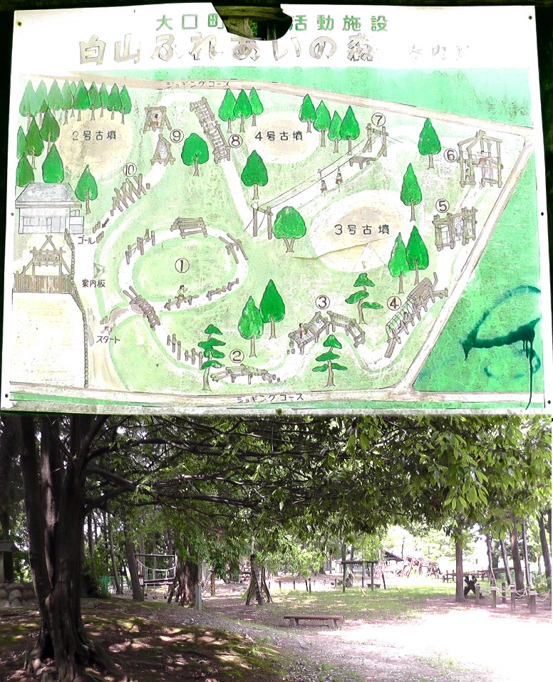 白山神社境内の白山古墳群を「白山ふれあいの森」として整備し、素朴な遊具も併設されて（下写真） 地域の人たちに親しまれています。
