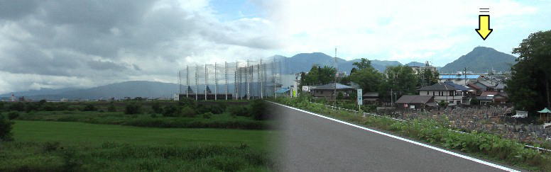 小紅の渡しから見る金華山・岐阜城（右、黄色の矢印）。左は対岸の河渡宿の風景。