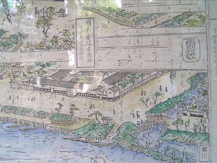 御船方役屋敷跡の絵。赤字の紫川は現在都市高速の地下を流れています。 紫川関連：星が丘、伝光院 リンク：第１回紫川ストーリー：深田正雄氏ホームページ リンク：水問題研究所