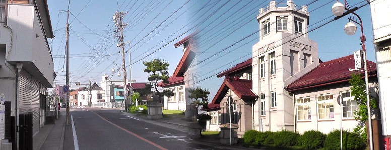 旧大浜警察署の建物と街並み。大正時代の鉄筋コンクリート造の建築で、 ヨーロッパ風景を思わせる色調が一段と目をひきます。 旧大浜警察署